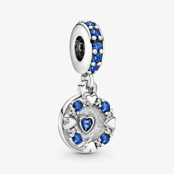 

Authentic 925 Sterling Silver Blue Enamel Crystal Heart Openwork Round Dangle Charms Fit Original Pandora Bracelet DIY Jewelry