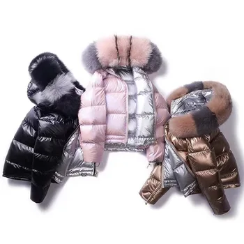 

New Winter Thick Warm Gold Shiny Duck Down Jacket Fashion Faux Fox Fur Collar Hat Hooded Short Down Coat Clothes Woman Parkas