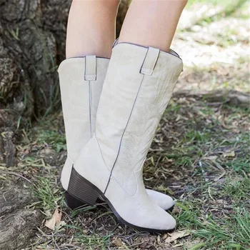 

Womans Cowboy Western Boots for Women Pointy Toe Cowgirl Boots Square Heels Knee High Boots Retro Women Shoes Black Botas Mujer