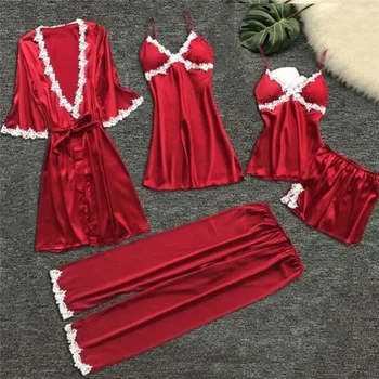 

Women's Pajamas Silk Solid Overall 5Pcs Pajama Set Satin Pyjamas Sexy Lace Nightie Sleepwear Home Clothes Nuisette Femme