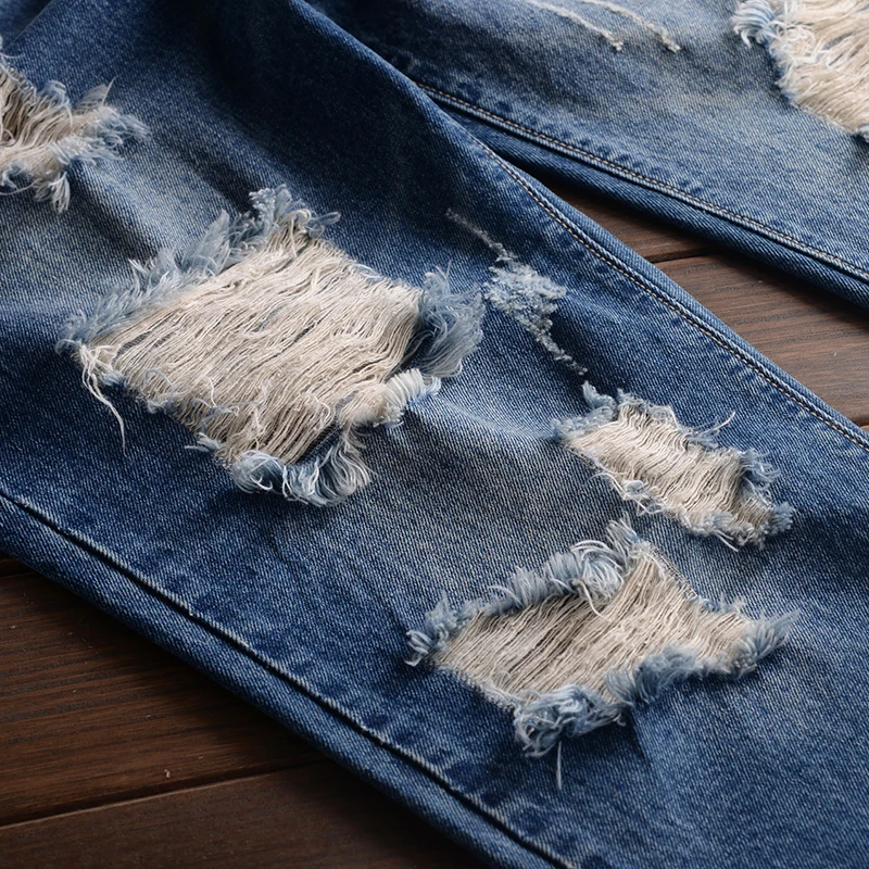Blue Hole Overalls Men Denim Jumpsuit Ripped Tattered Jeans Bib Ankle Length Hip Hop Big Pocket Korean Cargo Pants Trousers