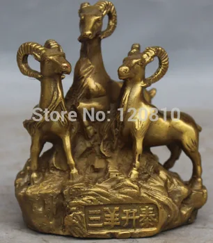 

5" lucky Chinese Feng Shui Bronze Brass Carving Auspicious Animal 3 sheep Statue