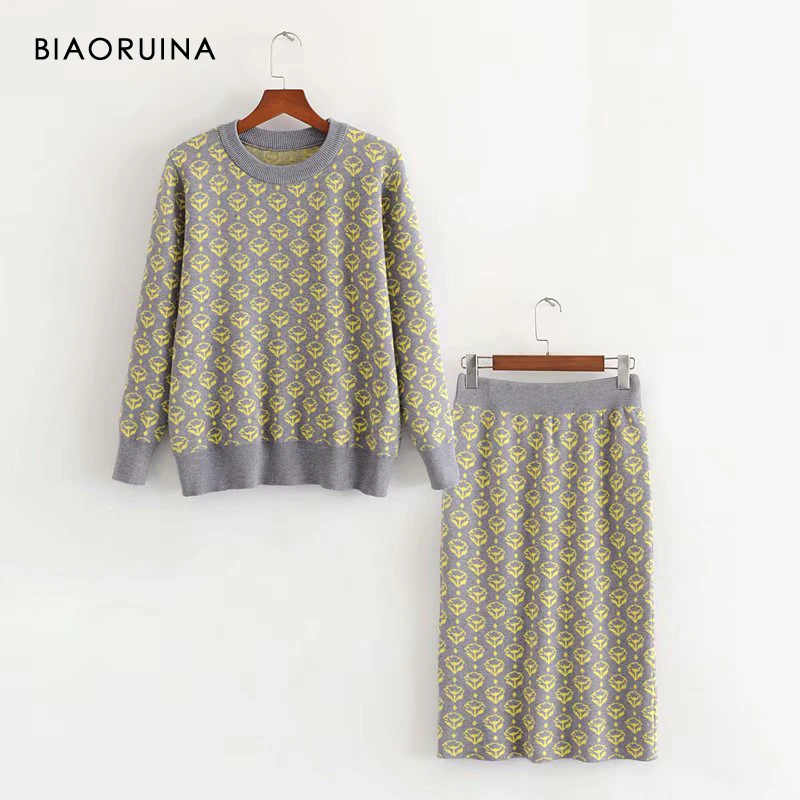 

BIAORUINA Women's Character Jacquard Casual Knit Two Pieces Set Cartoon Basic Sweater Pullover + Fashion Straight Knit Skirt