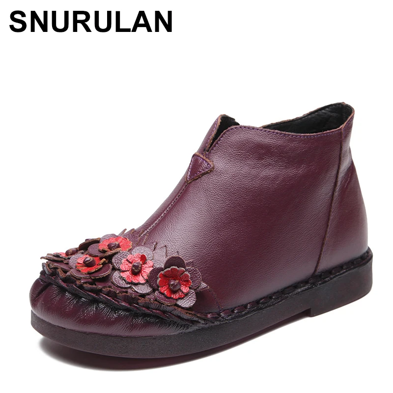 

SNURULAN 2019 New Arrival Retro Genuine Leather Ankle Boots Women Martin Boots Cowhide Flat Shoes Handmade Winter Fur Boots
