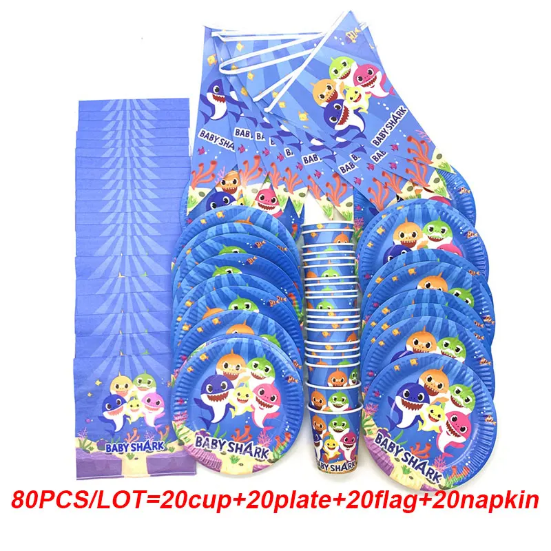 BeiPanQiZhi-80PCS 100 шт голубая акула тема на день рождения баннеры для дня рождения на день рождения, мероприятие, вечеринка, бумажный стаканчик, тарелка, набор одноразовой посуды - Цвет: BeiPanQiZhi-80PCS