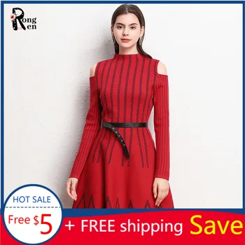 

Autumn Winter Dress Thick Knitted Wool Skirt Women's Mesh Red A Dew Shoulder Stripe Skirt Ropa Mujer Talla Grande Sexy