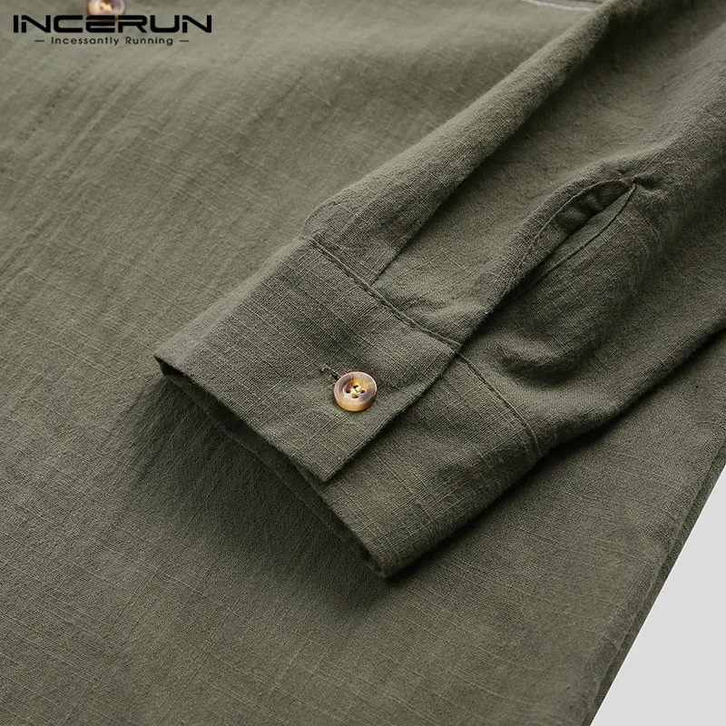 INCERUN Vintage Casual Shirt Men Cotton Solid Button Stand Collar Chinese Style Long Sleeve Shirts Men Streetwear Camisa