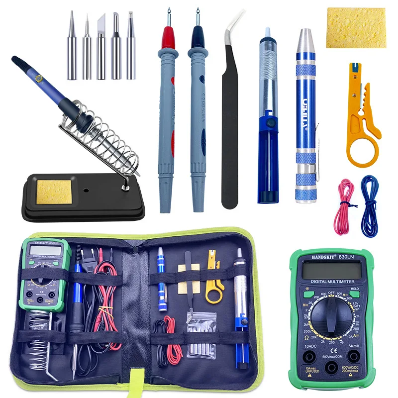 Free Shipping 18pcs Adjustable Temperature Electric Soldering Iron Kit 60w Household Multimeter Small Tool Set Bag US/UK/EU Plug