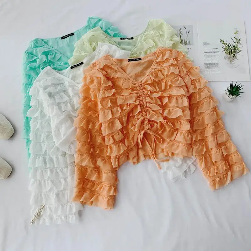 

2019 autumn new Chic female V-neck butterfly sleeve layer ruffles chiffon shirts blouses women's elegant Drawstring shirt tops.