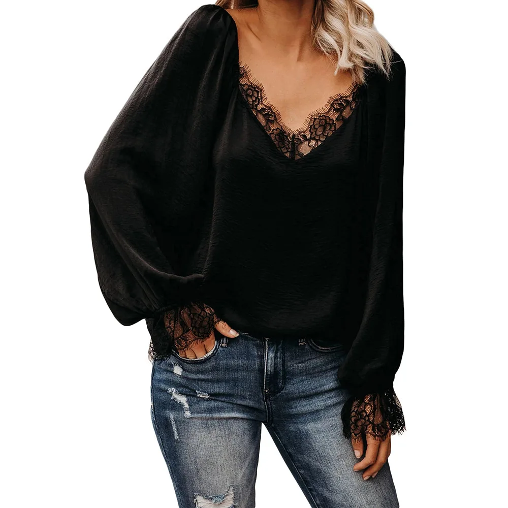 

2020 Spring T- Shirts Women Lace Full lantern Sleeve Office Lady Women Clothing Lace V-Neck Solid Loose Lady Casual Hot T-Shirts