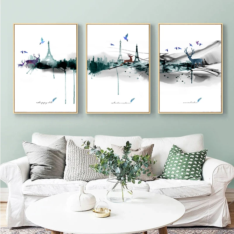 

3 Pieces Modern Abstract Watercolor Elk Canvas Painting Wall Art Nordic Print Scandinavian Decoration Picture