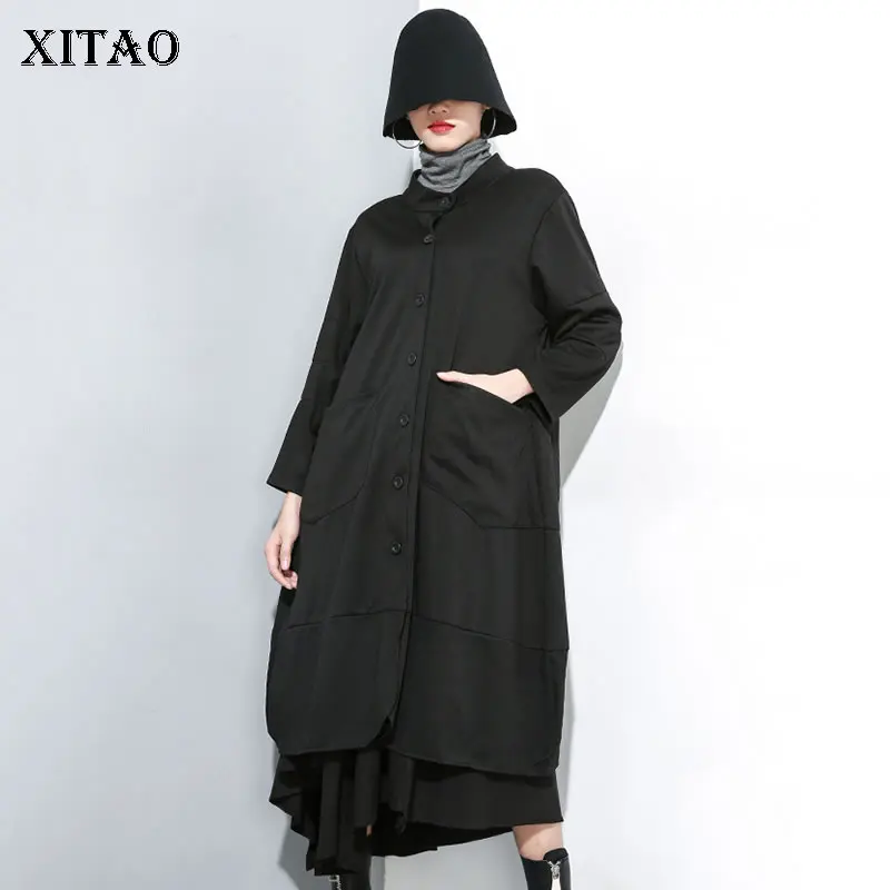 

XITAO Women Long Trench Fashion New 2019 Autumn Single Breast Pocket Full Sleeve Irregular Casual Style Irregular Coat WLD2793