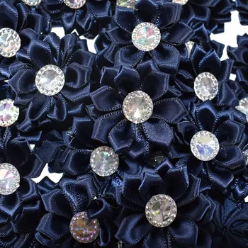 

20Pcs Dark blue Petaled rosette satin ribbon flowers with AB rhinestone button useing DIY headband clips hair accessories 4.5cm