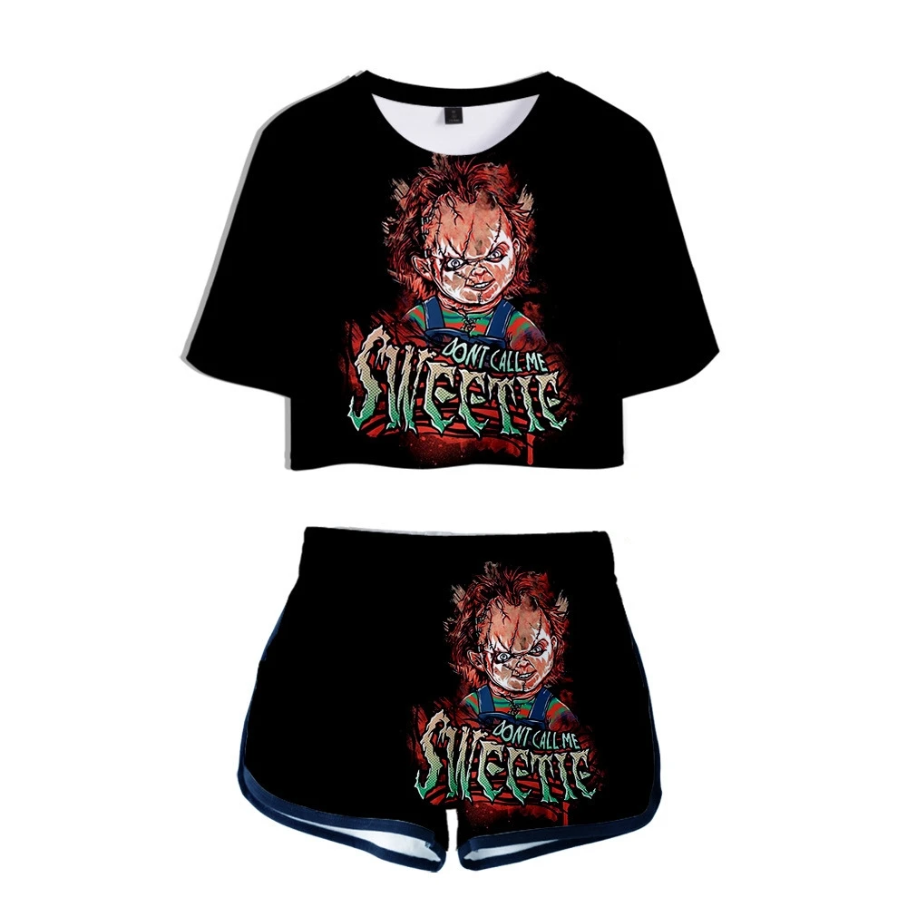 La semilla de Chucky-camisetas y pantalones cortos 3D Pop para mujer, conjuntos de dos piezas, estampado de moda, película de Horror, Top corto