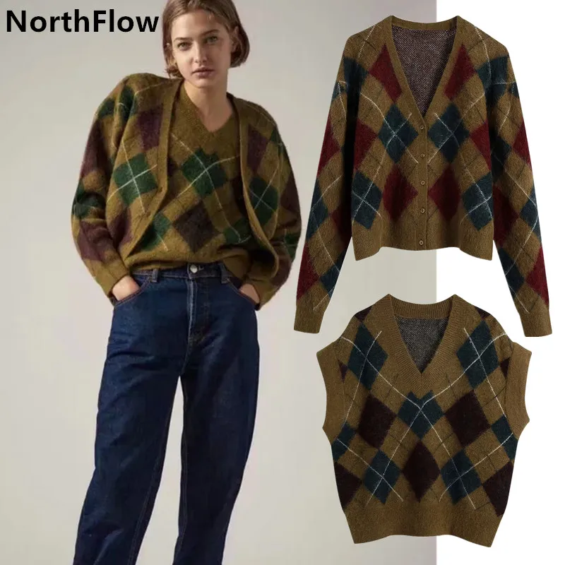 Northflow 2020 Sweaters Autumn and Winter Women Pull Femme Plaid Vest Cadigans Tops Two-piece Suit |