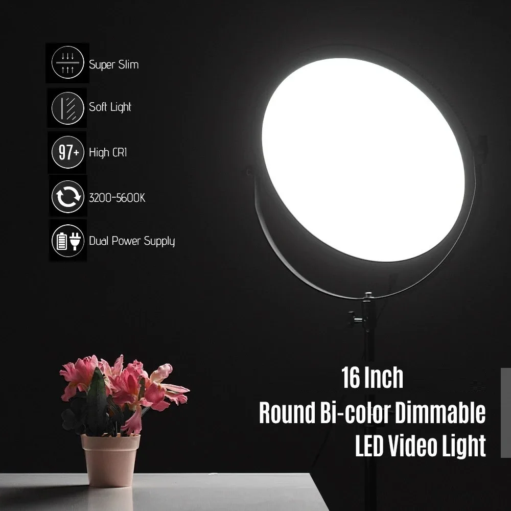 

Ultrathin Bi-color Round LED Video Light 3200K-5600K Photography Fill Light Stepless Diammable LCD Display Screen CRI 97+ Power