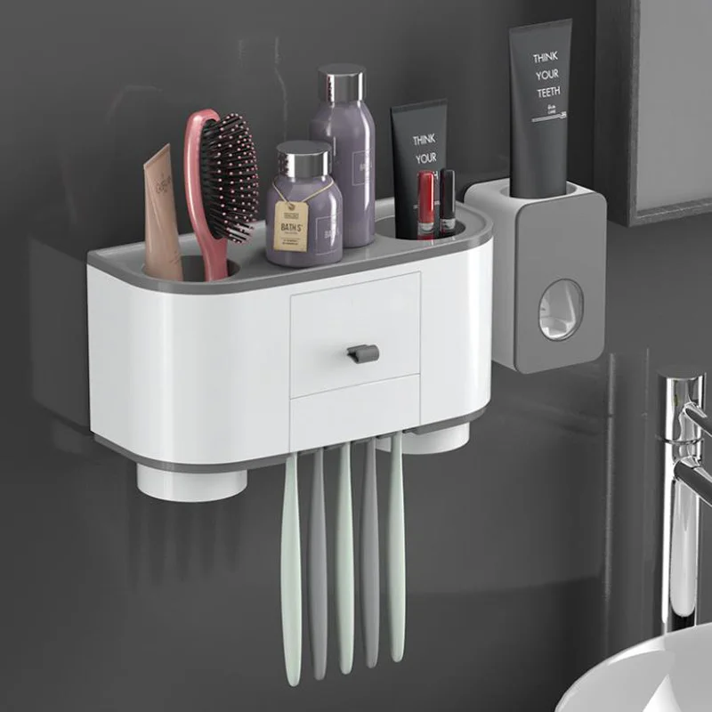 Magnetic Wall Mounted Toothbrush Holder Automatic Toothpaste Dispenser Toiletries Storage Rack Bathroom Accessories Set