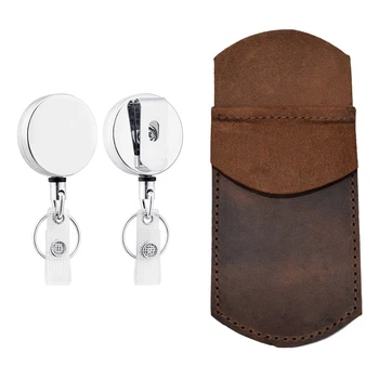 

Handmade Durable Leather Pocket Pencil Protector with 2 Pack Heavy Duty Retractable Badge Holder Reel