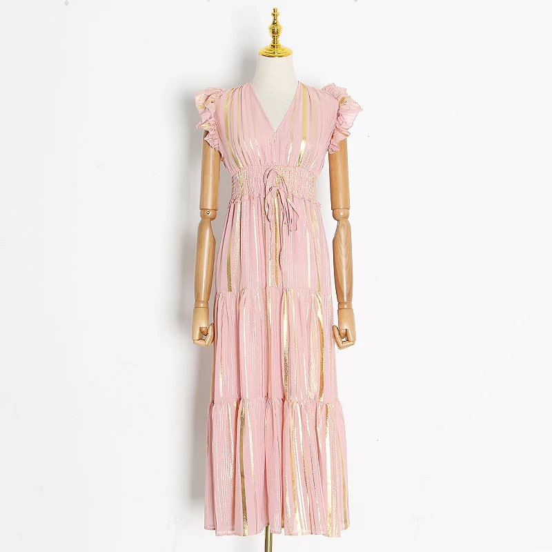 主 (1).JPG TWOTWINSTYLE Sexy Striped Women Dress V Neck Butterfly Sleeve High Waist Lace Up Tunic Ruched Winter Dress Fashion Clothing New