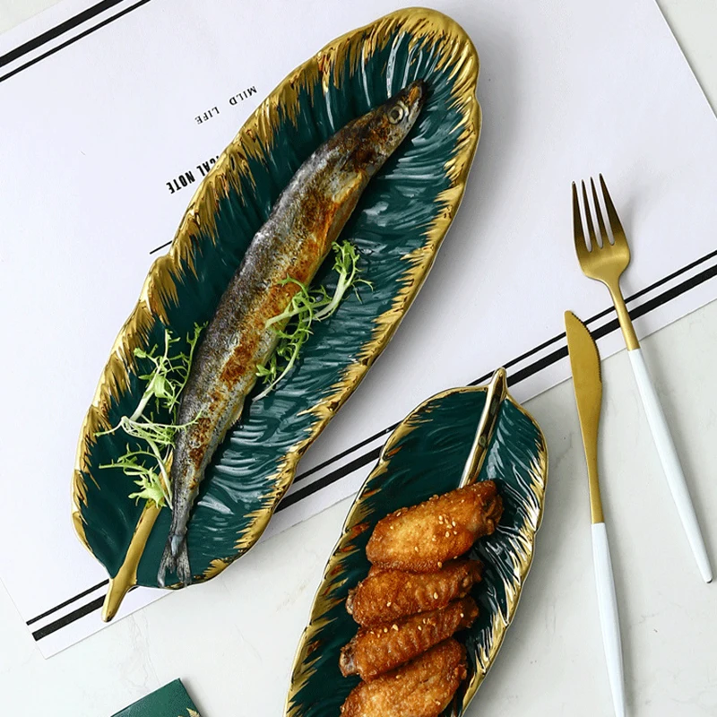 Nordic Ceramic Feather Plate Banana Leaf Tableware Fruit Snack Tray Kitchen Home Decoration Accessories Dinner Sushi Cake | Дом и сад