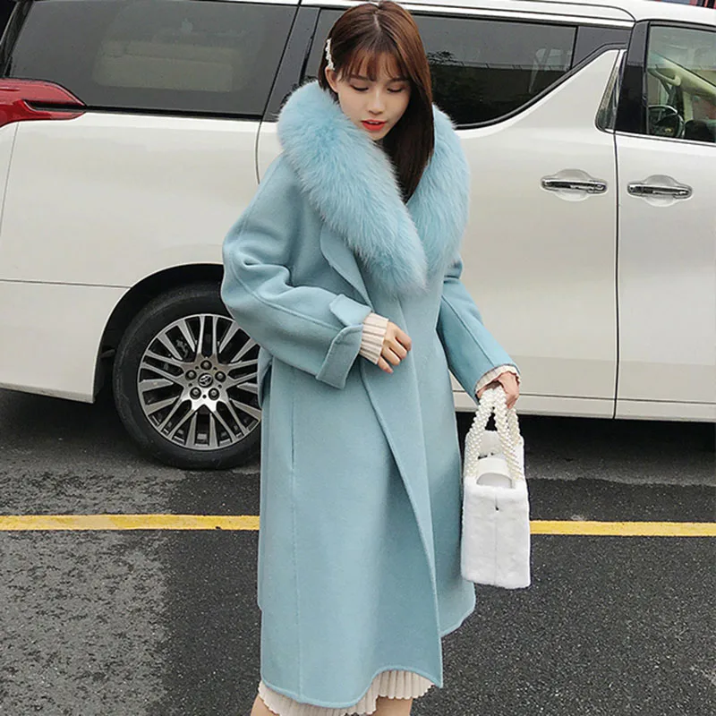 

Plus Size Loose Warm Wool Blends Long Winter Coat With Real Fox Fur Collar Oversize Pure Wool Jacket Autumn Beige Coats Female