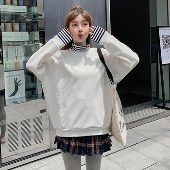 

Fake Two Piece Sweaters Women 2020 Korean Style Striped Stitching High Collar Pullover Sweater Harajuku Loose Long Sleeve Tops