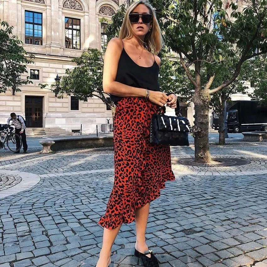2019 Высокая талия Leopard Женская Юбка-миди офис рюшами печати юбки для женщин Повседневное женские красные летняя юбка