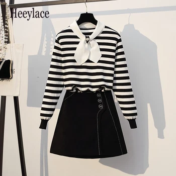 

Plus Size 5XL Striped Knitted Bowknot Long Sleeve Winter Sweaters Tops+High Waist Mini Skirts Big size Female OL 2 Pieces Sets