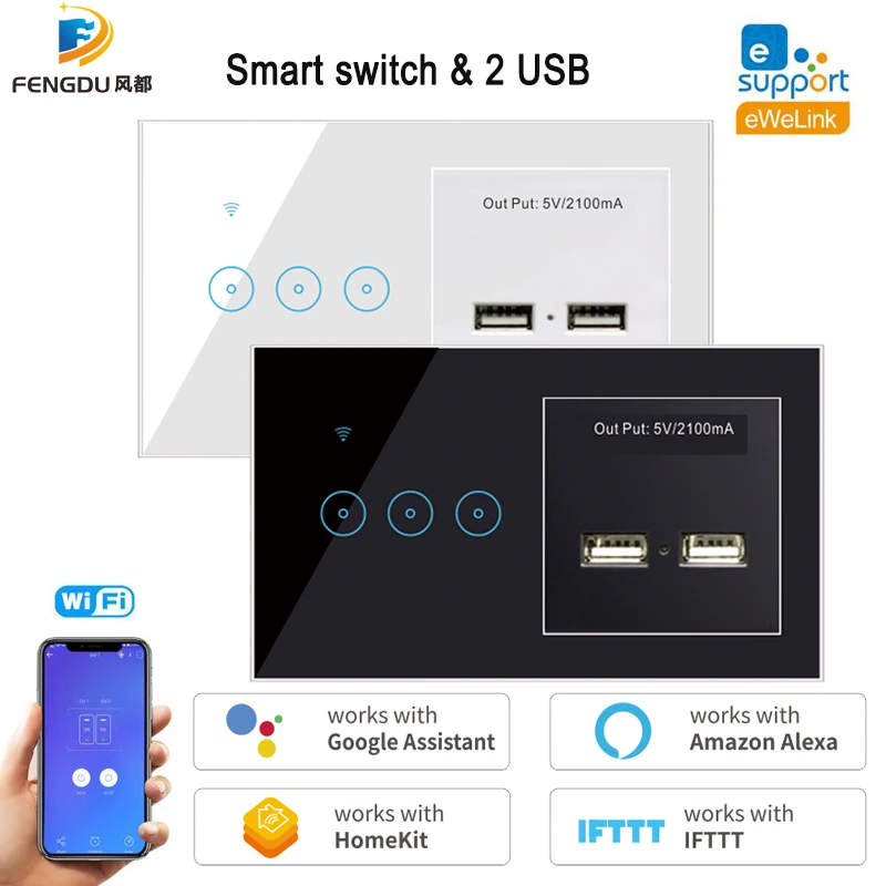 Wifi Smart Touch Light Switch 1/2/3 Gang Con 2 Caricabatterie Usb Funziona Con Google Assistant Alexa Smart Home
