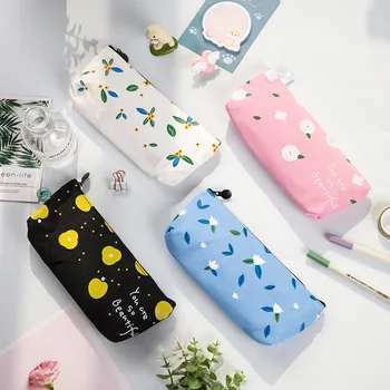 

Pink Cute Pencil Case White Flowers Canvas Pen Cases for Girls Simple student School supplies Creative Stationery Storage bags
