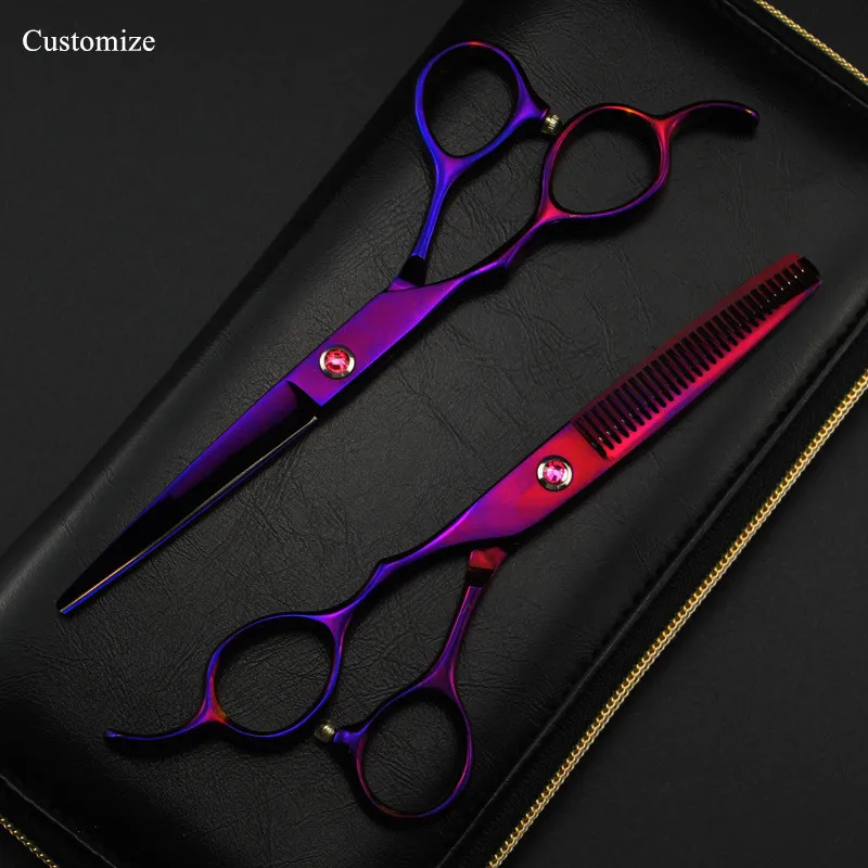 Customize logo Japan 440c Left hand 6 inch purple cut hair scissors cutting barber haircut thinning shears Hairdresser scissors