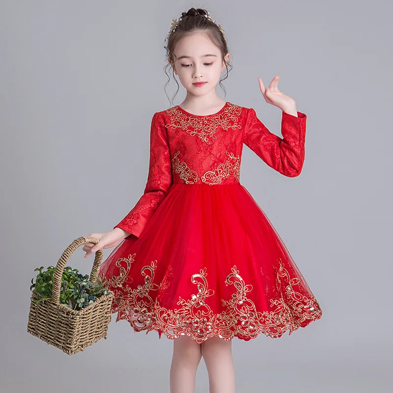Autumn Winter Red Long Sleeve Girls Princess Dress Mesh Formal Kids for Girl Children Clothing Prom Party Wedding Dresses | Детская