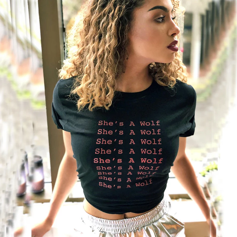 Женская футболка с принтом She's A Wolf повседневная для подростков Harajuku футболки