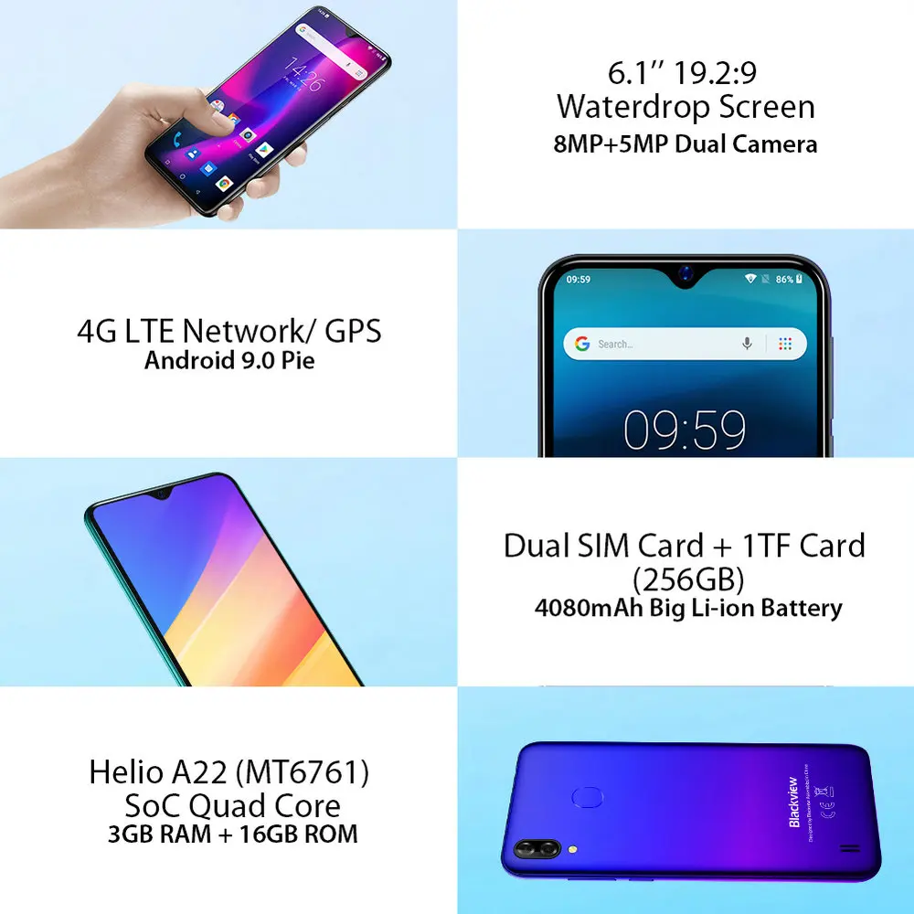 Blackview A60 Pro смартфон 3 ГБ+ 16 Гб MT6761V мобильный телефон Android 9,0 экран капли 4080 мАч Touch ID 4G мобильный телефон