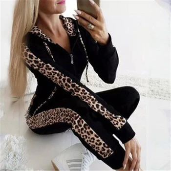 

Spring Tracksuit Women Splice Fleece Leopard Print Hoodie Coat + Pants Two Piece Set Streetwear Sweat Suit Outfits Chandal Mujer