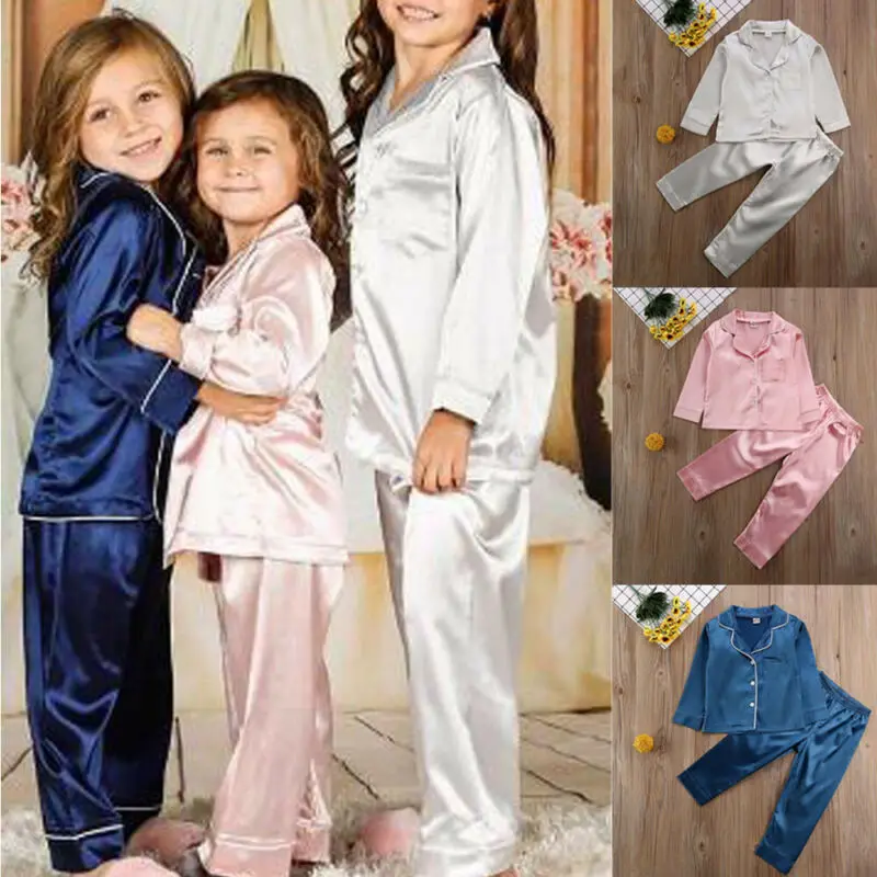 Toddler Baby Kids Girls Satin Pajamas Set Long Sleeve Button Sleepwear