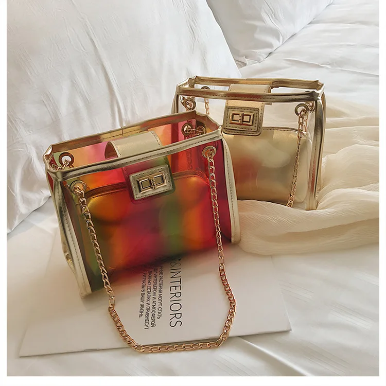 Летняя модная новая сумка высокого качества ПВХ Прозрачная женская сумка голографическая квадратная сумка для телефона Серебряная сумка на плечо с цепочкой