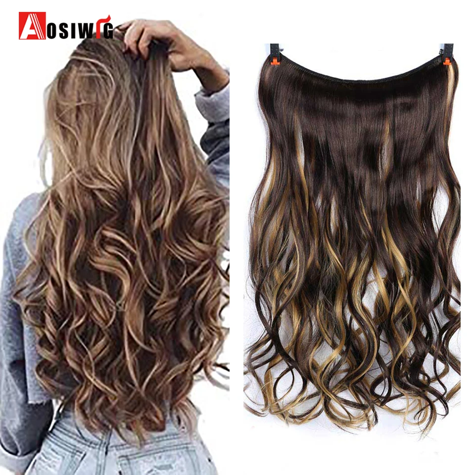 AOSIWIG 22" Long Curly Invisible Fishing line No Clip in Hair