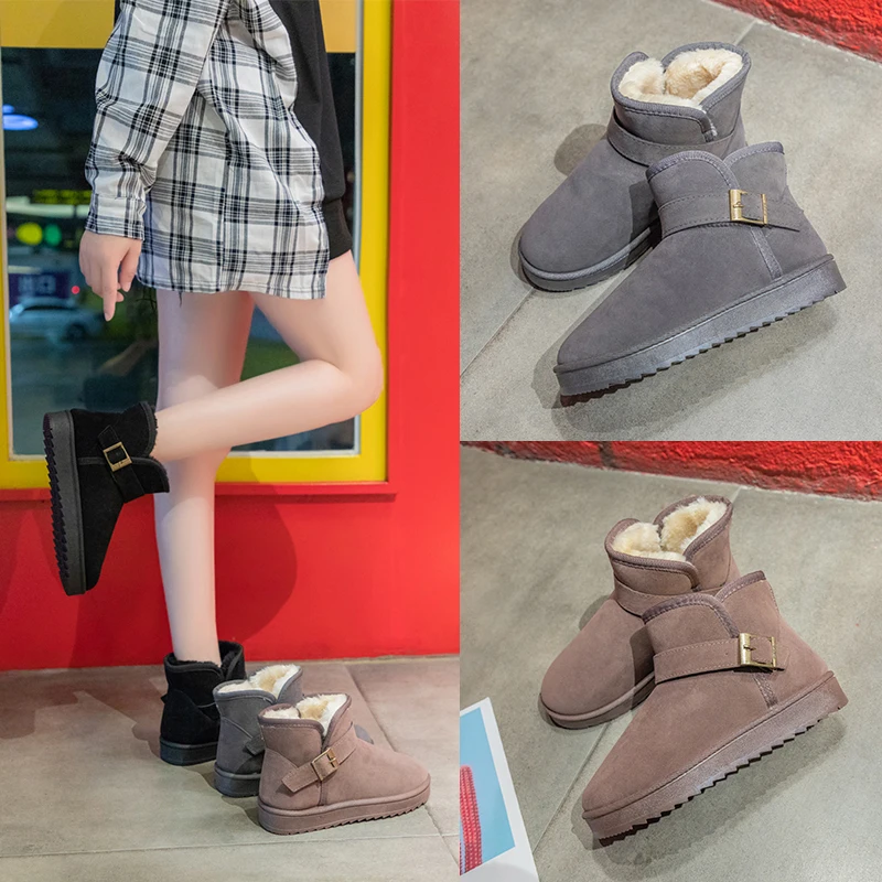 

2021 New Solid Color Short Boots Buckle Strap Women Shoes Furry Plush Slip-on Flat Footwear Winter Warm Booties Female Snow Boot