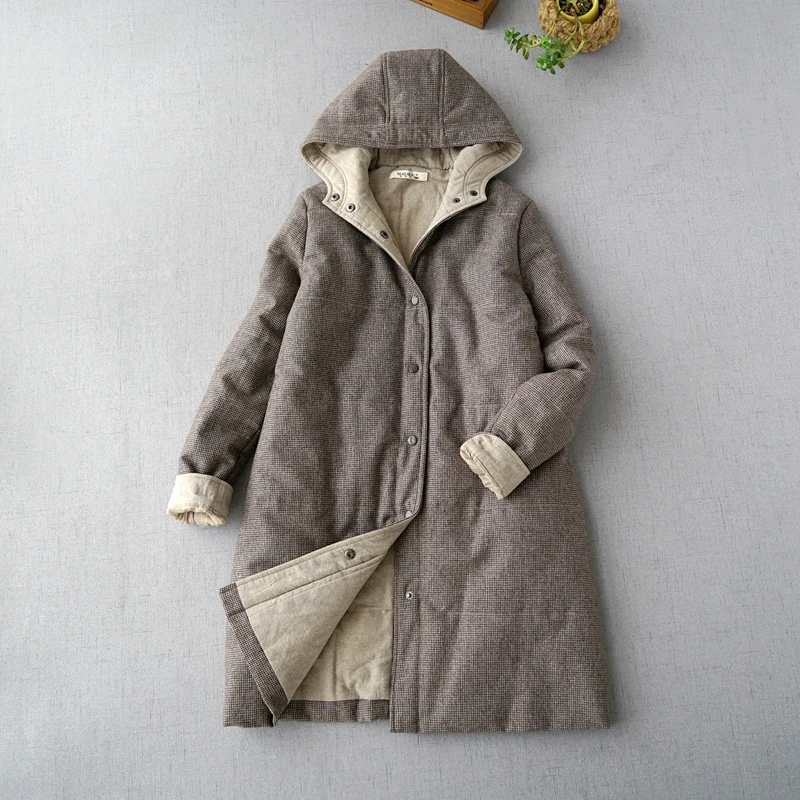 Winter Autumn Women All-match Loose Japanese Style Comfortable Cotton Padded Warm Hooded Houndstooth Woolen Jackets Overcoats | Женская