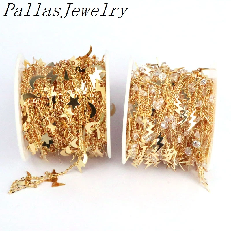 

5/10 Meters, New design Fashion lightning shape plating cz rosary chains,hot selling with gold wire coiled rosary chain