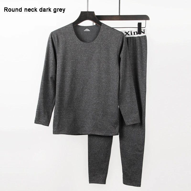 round neck dark grey Fanceey V образным вырезом зимнее термобелье для мужчин кальсоны для мужчин осень зима рубашка брюки наборы теплый толстый плюс бархат Размер M-XXXL - Цвет: round neck dark grey
