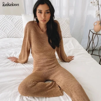 

Women's Sweater Suits Loose Round Neck Long Sleeve Knitted Sweaters Pullovers +wide Leg Long Trousers 2PCS Sets Winter