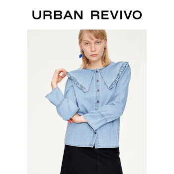 

UR Spring New Women Denim Shirt Long Sleeves Solid Colour Button-up Front 100% Cotton Shirt WH04SBMN2001