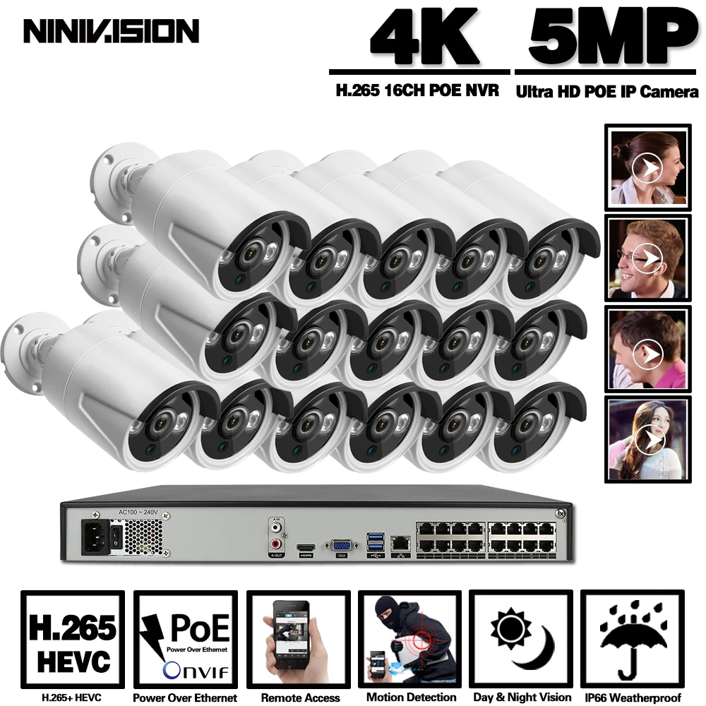 CCTV Camera Security System Kit 4k 16ch HD Outdoor Video Surveillance IP Cameras POE 5mp 8ch Monitoring Indoor | Безопасность и