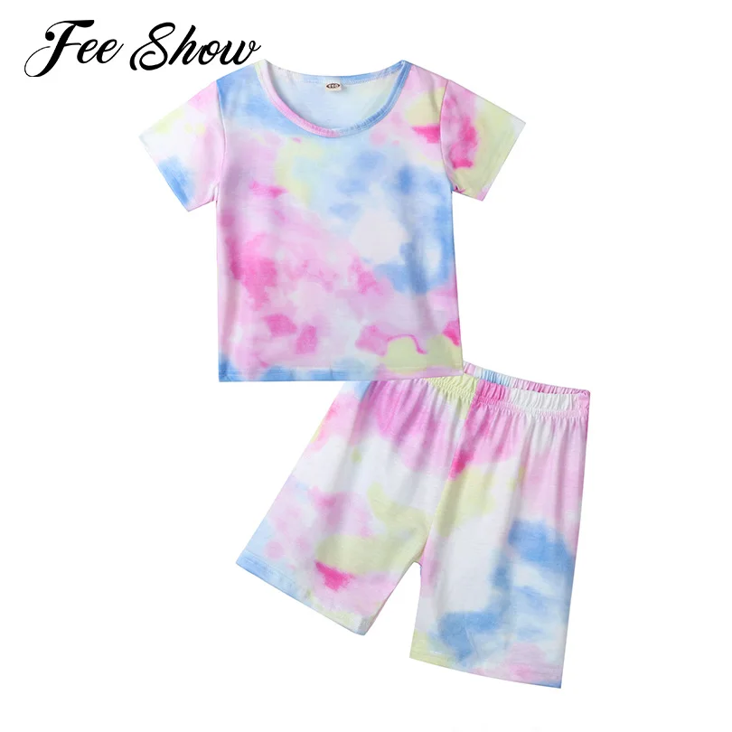 

Fashion Kids Girls Casual Home Wear Tie Dye Print Clothes Workout Yoga T-shirt Running Exercise Elastic Waist Shorts Sport Suits