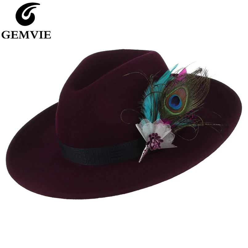 

GEMVIE Brand 100% Wool 4 colors Stiff Wide Brim Women Man Fedora Felt Hat Striped Feather Band Winter Panama Jazz Cap