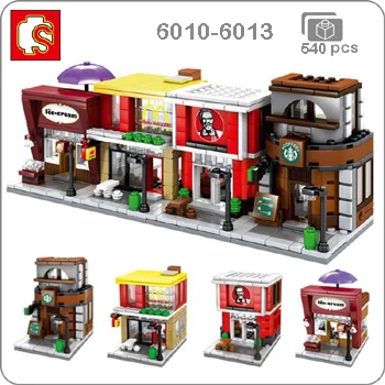 Sembo Mini City Street, кофейная пицца, хижина, магазин, ресторан, Китай, городской набор, 3D модель, блоки, строительные игрушки для детей, без коробки - Цвет: 6010-6013