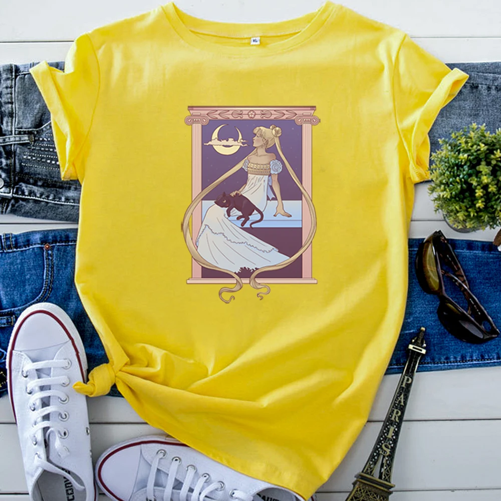T-Shirt Japanese Moon And Girl Cartoon Fashion T Shirts For Women Fashion Oversized Women'S Tshirts Casual Lovely Woman Tops
