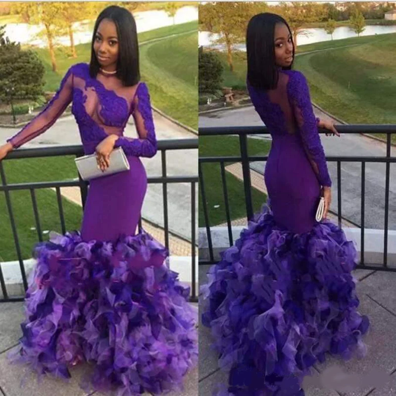 2020 Newest Black Girls Purple Prom Dresses Mermaid Sexy Back Design With Ruffles Unique Evening Lace Appliques Party Dr | Платья на